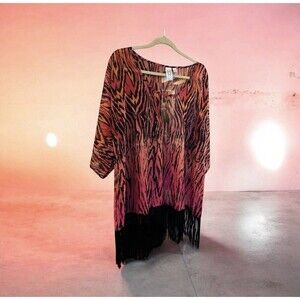 Marc Bouwer Sheer Pullover Top XL Orange Pink  Black Fringe Coastal Cruise Beach